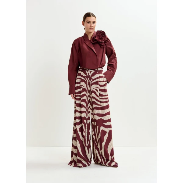Essentiel Antwerp Off-white and burgundy zebra-print wide-leg pants - Essentiel Antwerp Pants - Colorful Belgian Design - Shop at Luxury Shoes 