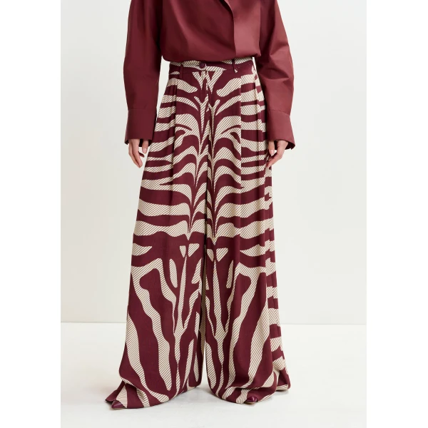 Essentiel Antwerp Off-white and burgundy zebra-print wide-leg pants - Essentiel Antwerp Pants - Colorful Belgian Design - Shop at Luxury Shoes 
