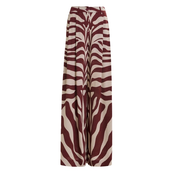 Essentiel Antwerp Off-white and burgundy zebra-print wide-leg pants - Essentiel Antwerp Pants - Colorful Belgian Design - Shop at Luxury Shoes 