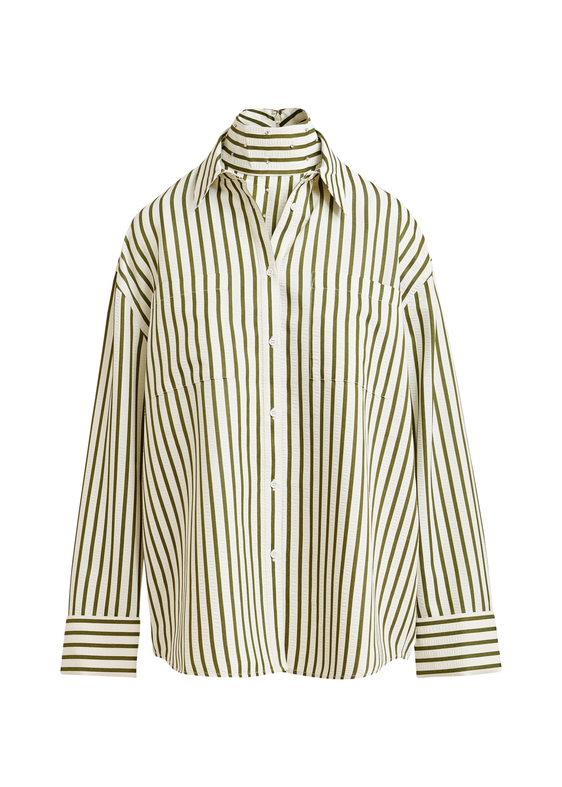 Essentiel Antwerp Off-white and green striped oversized shirt with rhinestone bib detail