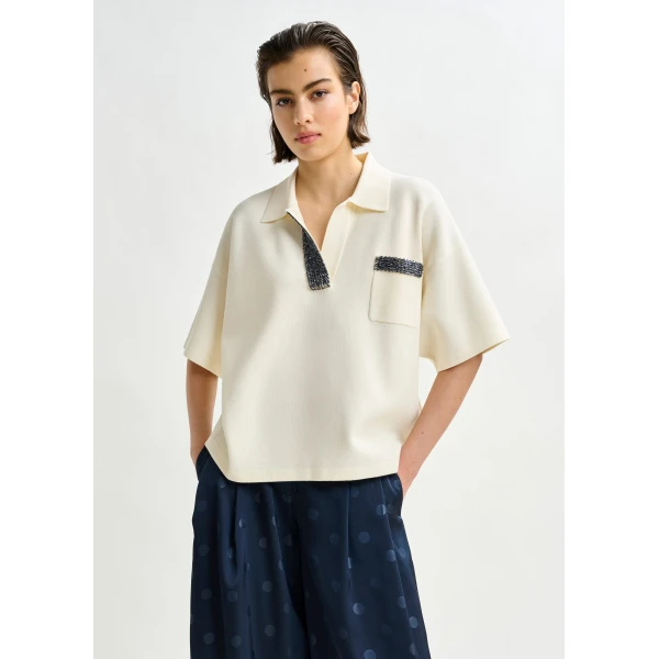 Essentiel Antwerp Off-white and grey polo top with bead embellishments - Essentiel Antwerp Tops - Colorful Belgian Design - Shop at Luxury Shoes 