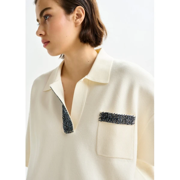 Essentiel Antwerp Off-white and grey polo top with bead embellishments - Essentiel Antwerp Tops - Colorful Belgian Design - Shop at Luxury Shoes 