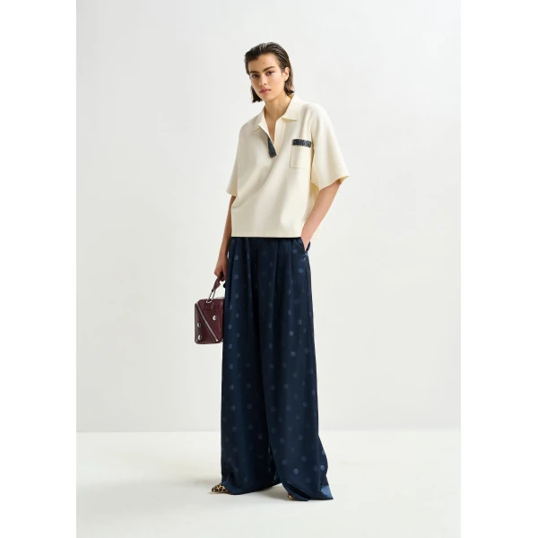 Essentiel Antwerp Off-white and grey polo top with bead embellishments - Essentiel Antwerp Tops - Colorful Belgian Design - Shop at Luxury Shoes 