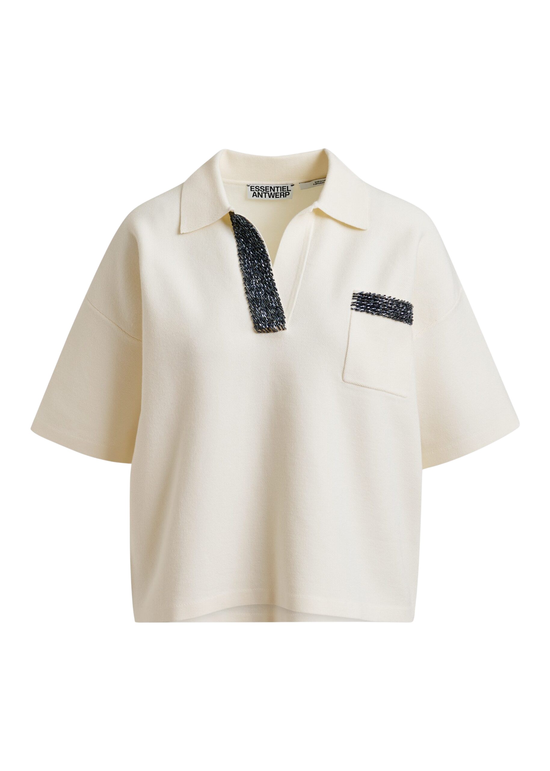 Essentiel Antwerp Off-white and grey polo top with bead embellishments