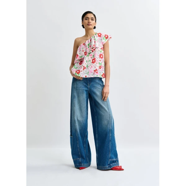 Essentiel Antwerp Off-white and multicolor asymmetric ruffle one-shoulder top - Essentiel Antwerp Tops - Colorful Belgian Design - Shop at Luxury Shoes 