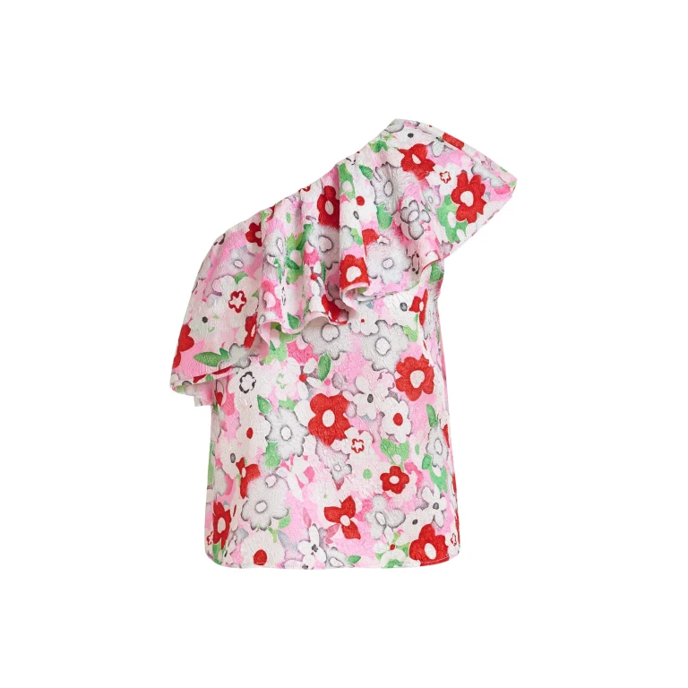 Essentiel Antwerp Off-white and multicolor asymmetric ruffle one-shoulder top - Essentiel Antwerp Tops - Colorful Belgian Design - Shop at Luxury Shoes 