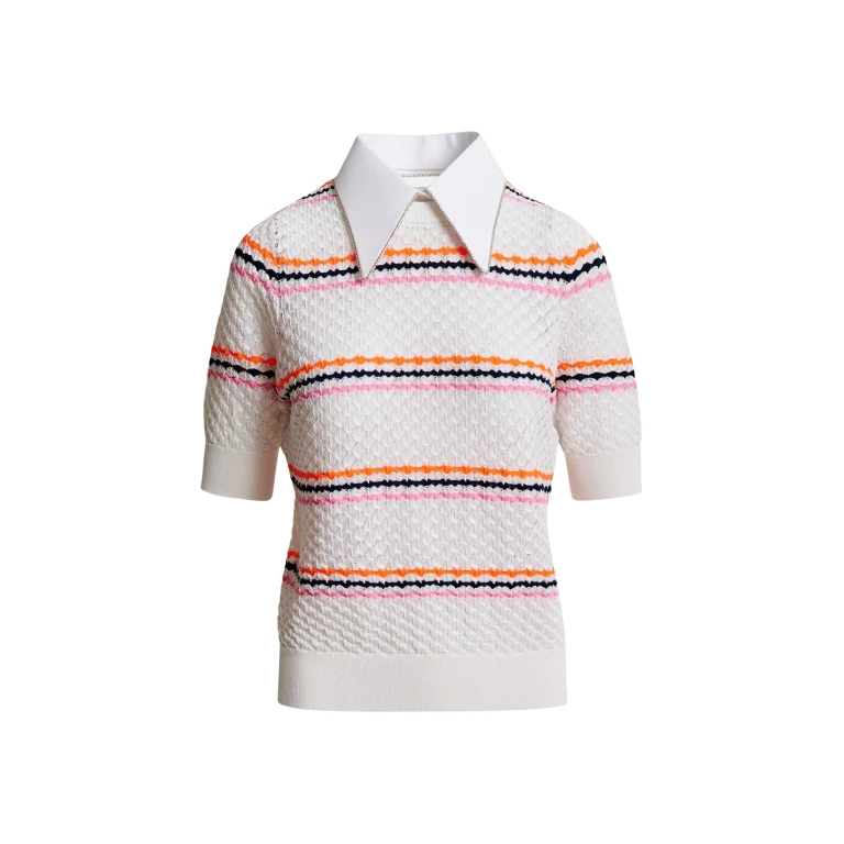 Essentiel Antwerp Off-white and multicolor striped honeycomb knit polo with rhinestone-embellished detachable collar - Essentiel Antwerp Tops - Colorful Belgian Design - Shop at Luxury Shoes 