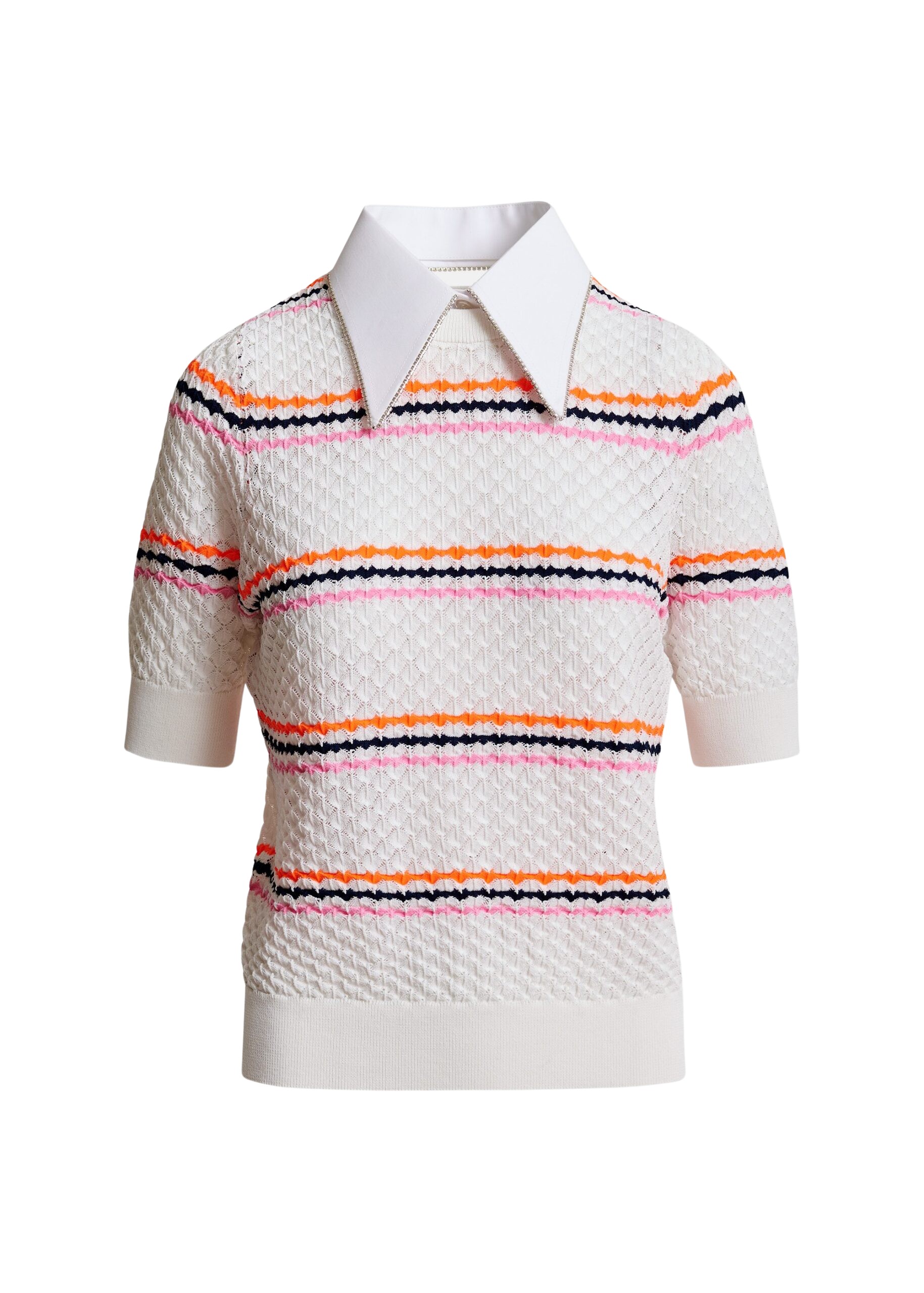 Essentiel Antwerp Off-white and multicolor striped honeycomb knit polo with rhinestone-embellished detachable collar