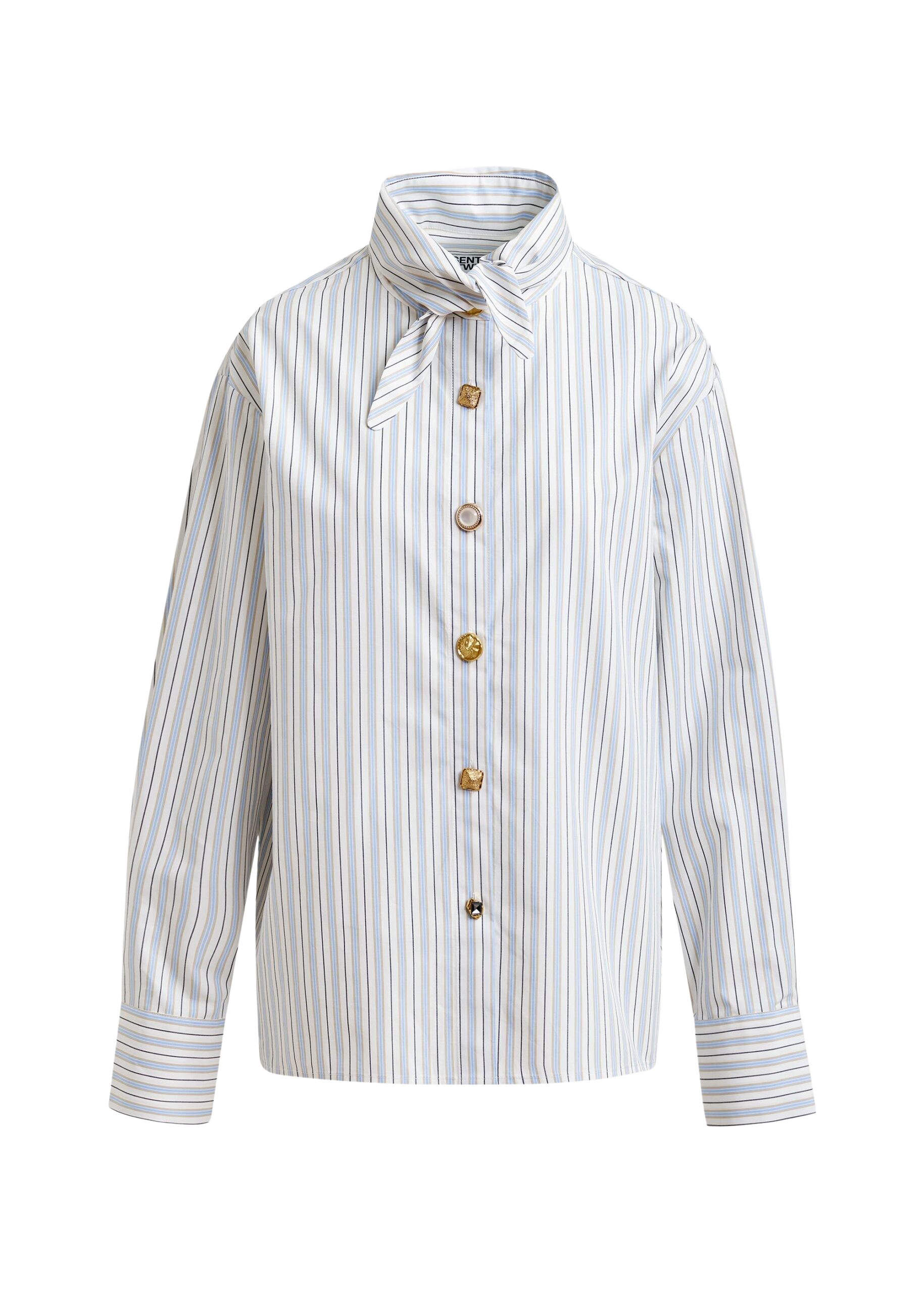 Essentiel Antwerp Off-white, black and light blue striped cotton shirt with elongated collar and mismatched buttons