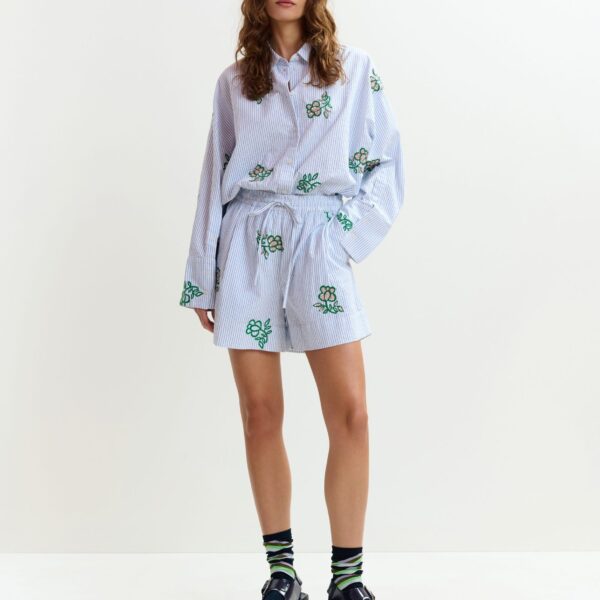 Essentiel Antwerp Off-white cotton mini shorts with light blue pinstriped embroidered with sequin and bead embellishments, view 2