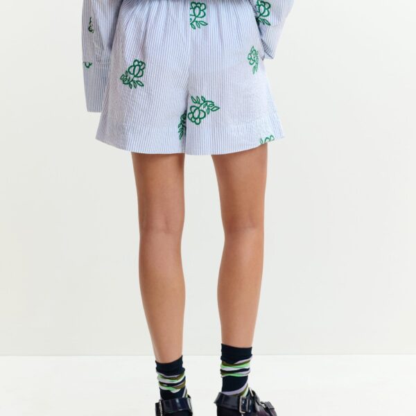 Essentiel Antwerp Off-white cotton mini shorts with light blue pinstriped embroidered with sequin and bead embellishments, view 5