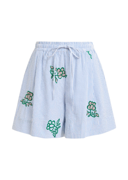 Essentiel Antwerp Off-white cotton mini shorts with light blue pinstriped embroidered with sequin and bead embellishments - Essentiel Antwerp Shorts - Colorful Belgian Design - Shop at Luxury Shoes 