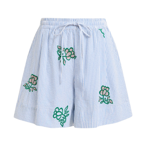Essentiel Antwerp Off-white cotton mini shorts with light blue pinstriped embroidered with sequin and bead embellishments