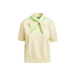 Essentiel Antwerp Off-white fine-knit polo with light green scarf-like contrast collar - Essentiel Antwerp Tops - Colorful Belgian Design - Shop at Luxury Shoes 