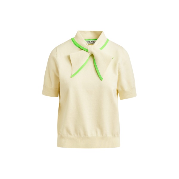 Essentiel Antwerp Off-white fine-knit polo with light green scarf-like contrast collar - Essentiel Antwerp Tops - Colorful Belgian Design - Shop at Luxury Shoes 