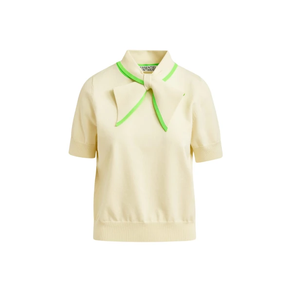 Essentiel Antwerp Off-white fine-knit polo with light green scarf-like contrast collar - Essentiel Antwerp Tops - Colorful Belgian Design - Shop at Luxury Shoes 