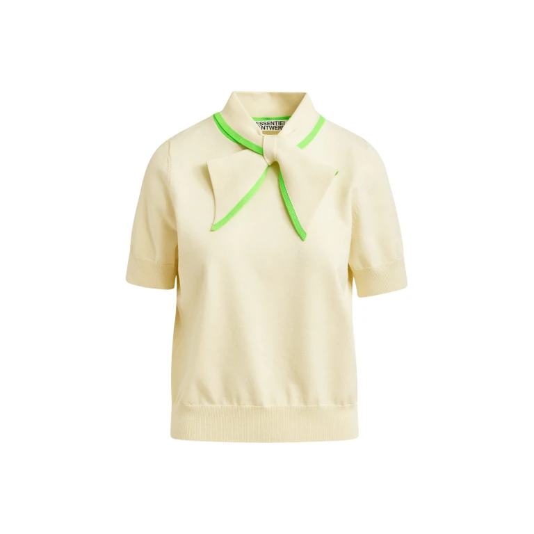 Essentiel Antwerp Off-white fine-knit polo with light green scarf-like contrast collar - Essentiel Antwerp Tops - Colorful Belgian Design - Shop at Luxury Shoes 
