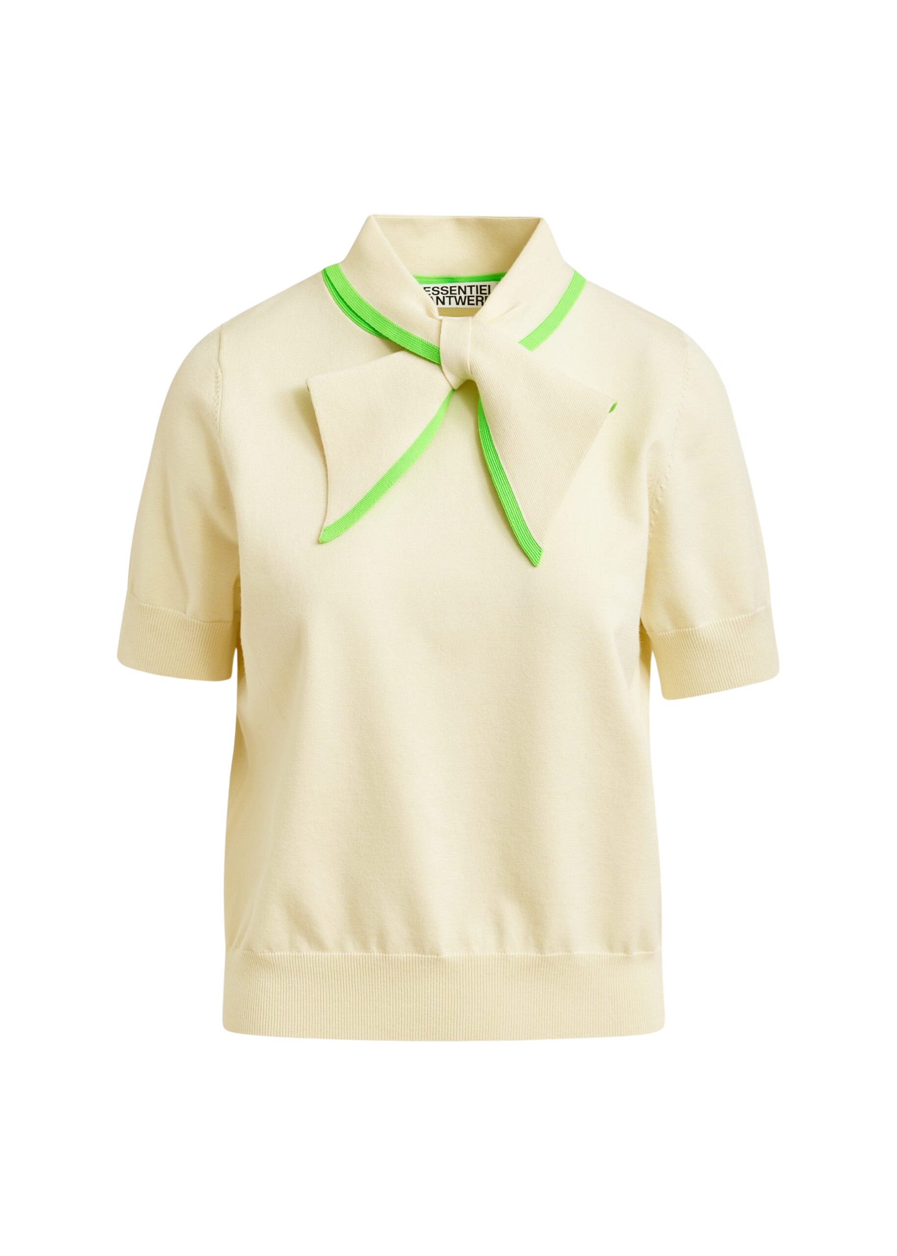 Essentiel Antwerp Off-white fine-knit polo with light green scarf-like contrast collar Top