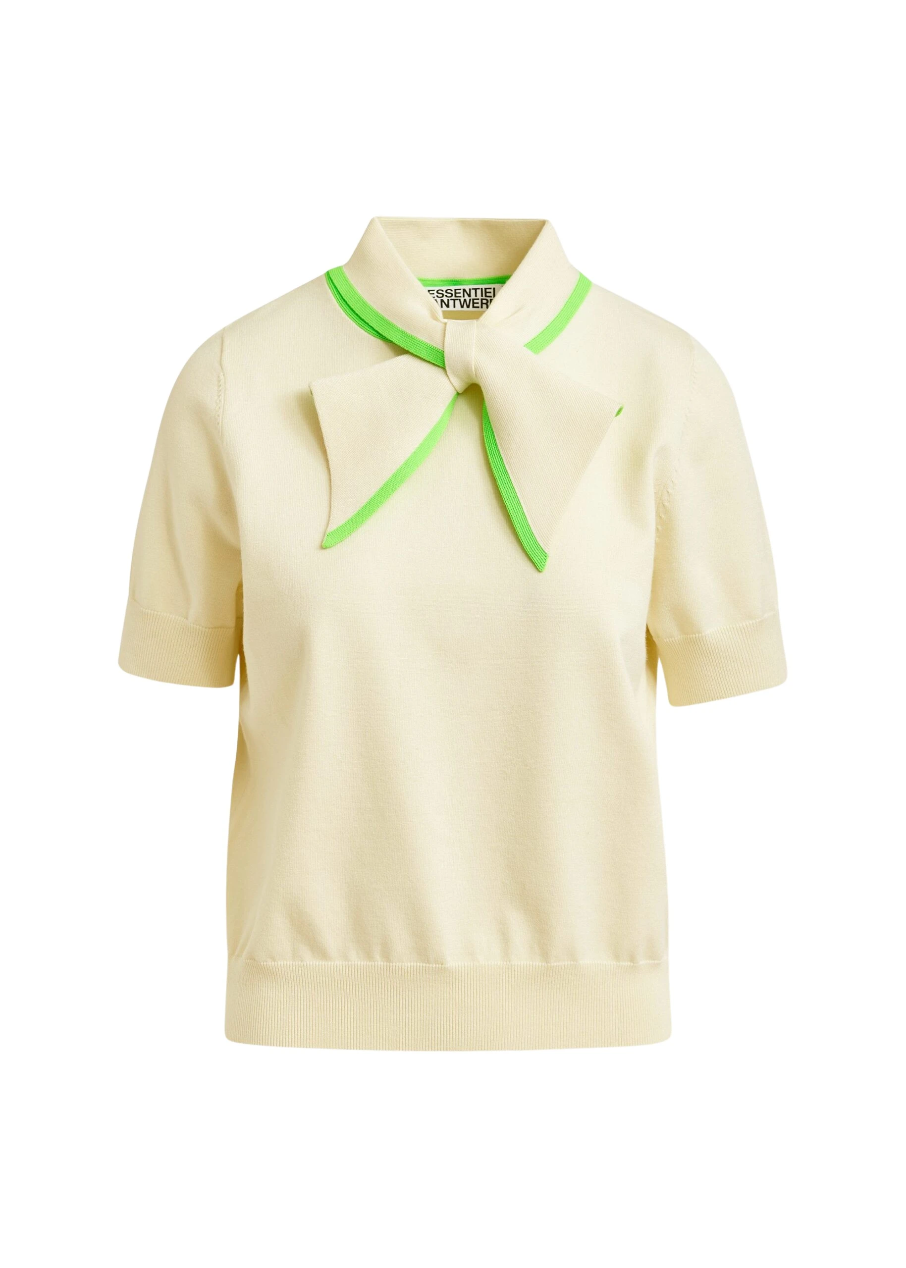 Off-white-fine-knit-polo-with-light-green-scarf-like-contrast-collar-Essentiel-Antwerp-Tops-scaled36418_nobg Essentiel Antwerp Off-white fine-knit polo with light green scarf-like contrast collar - Essentiel Antwerp Tops - Colorful Belgian Design - Shop at Luxury Shoes