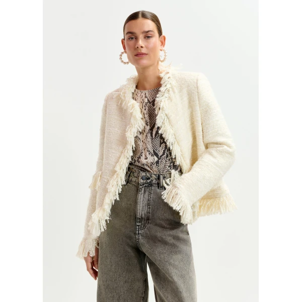 Essentiel Antwerp Off-white fringed wool-blend bouclé jacket - Essentiel Antwerp Jackets - Colorful Belgian Design - Shop at Luxury Shoes 