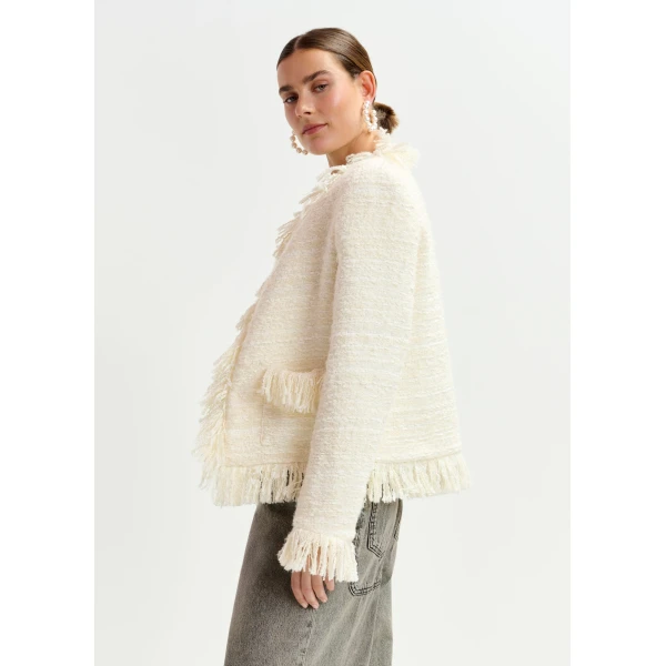 Essentiel Antwerp Off-white fringed wool-blend bouclé jacket - Essentiel Antwerp Jackets - Colorful Belgian Design - Shop at Luxury Shoes 