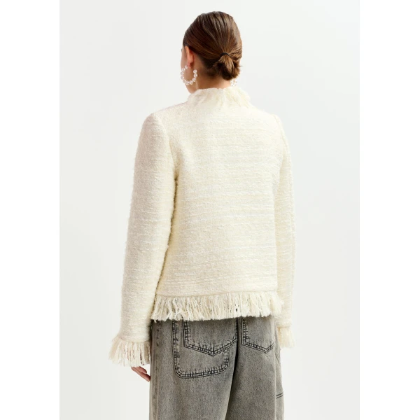 Essentiel Antwerp Off-white fringed wool-blend bouclé jacket - Essentiel Antwerp Jackets - Colorful Belgian Design - Shop at Luxury Shoes 