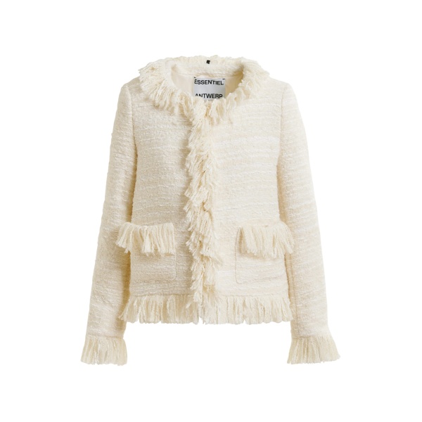 Essentiel Antwerp Off-white fringed wool-blend bouclé jacket - Essentiel Antwerp Jackets - Colorful Belgian Design - Shop at Luxury Shoes 