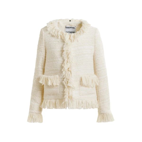Essentiel Antwerp Off-white fringed wool-blend bouclé jacket - Essentiel Antwerp Jackets - Colorful Belgian Design - Shop at Luxury Shoes 