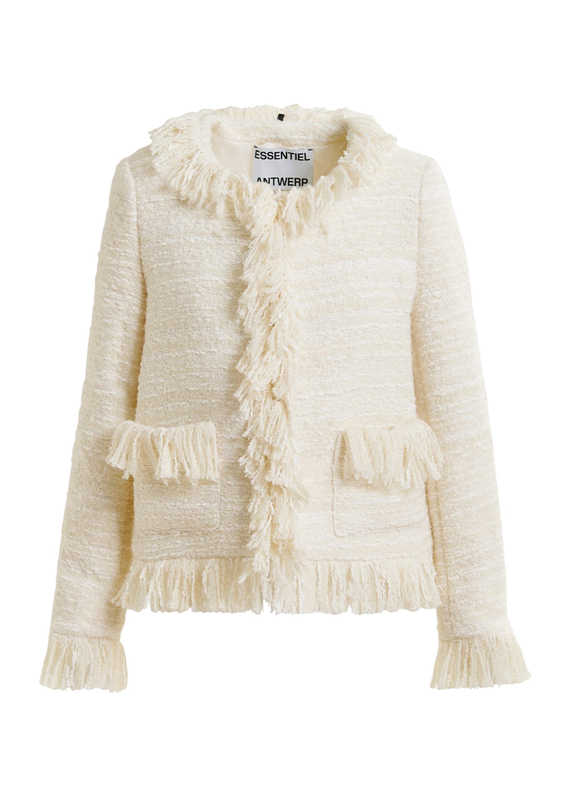 Essentiel Antwerp Off-white fringed wool-blend bouclé jacket - Essentiel Antwerp Jackets - Colorful Belgian Design - Shop at Luxury Shoes 