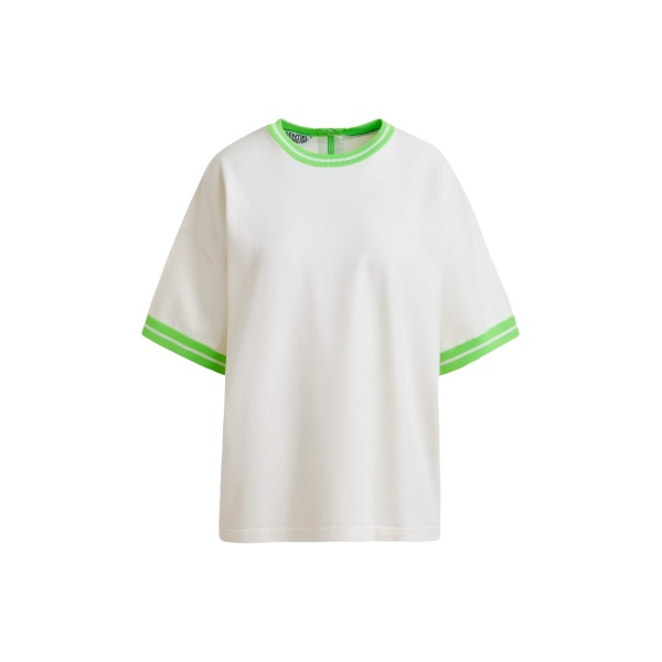 Essentiel Antwerp Off-white knit T-shirt with light green contrasting trim - Essentiel Antwerp Shirts - Colorful Belgian Design - Shop at Luxury Shoes 