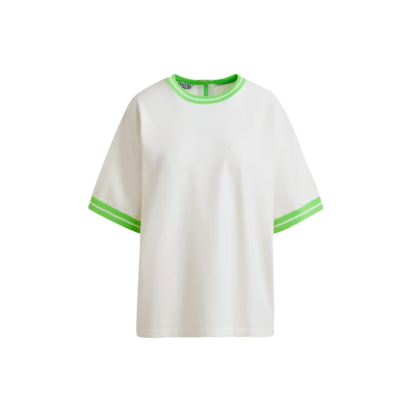 Essentiel Antwerp Off-white knit T-shirt with light green contrasting trim - Essentiel Antwerp Shirts - Colorful Belgian Design - Shop at Luxury Shoes 