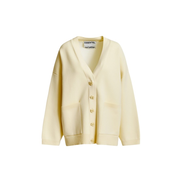 Essentiel Antwerp Off-white knit cardigan with tonal flower buttons - Essentiel Antwerp Knitwear - Colorful Belgian Design - Shop at Luxury Shoes 