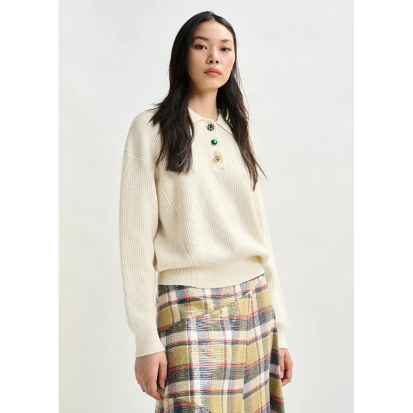 Essentiel Antwerp Off-white wool-blend polo with jewel buttons - Essentiel Antwerp Tops - Colorful Belgian Design - Shop at Luxury Shoes 