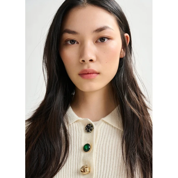 Essentiel Antwerp Off-white wool-blend polo with jewel buttons - Essentiel Antwerp Tops - Colorful Belgian Design - Shop at Luxury Shoes 