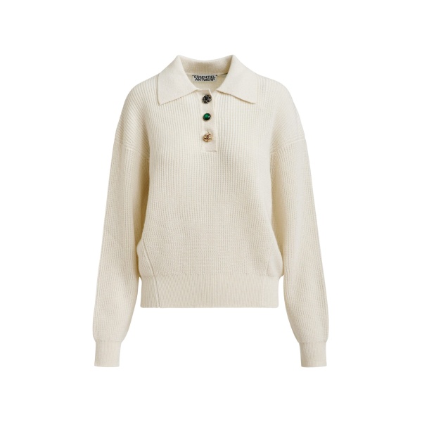 Essentiel Antwerp Off-white wool-blend polo with jewel buttons - Essentiel Antwerp Tops - Colorful Belgian Design - Shop at Luxury Shoes 
