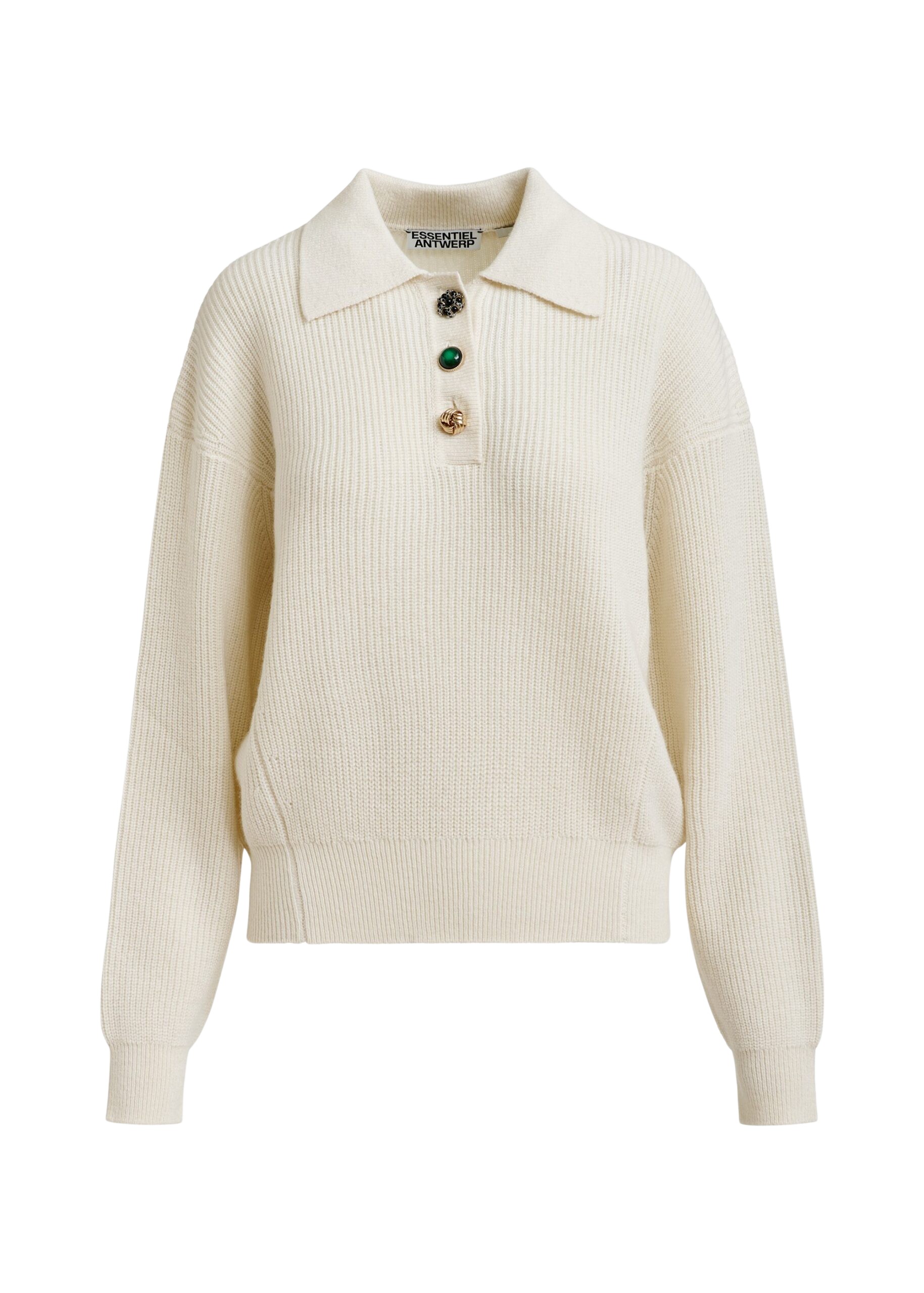 Essentiel Antwerp Off-white wool-blend polo with jewel buttons Top
