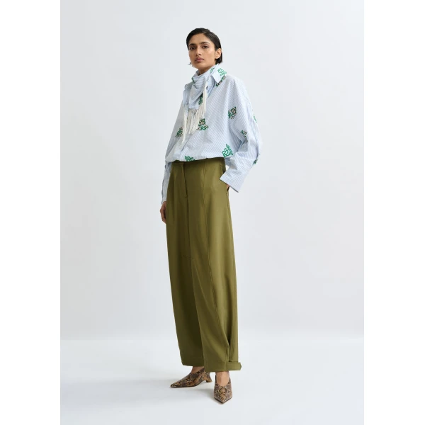 Essentiel Antwerp Olive green barrel-leg pants with twisted side seams - Essentiel Antwerp Pants - Colorful Belgian Design - Shop at Luxury Shoes 