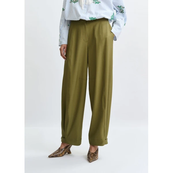 Essentiel Antwerp Olive green barrel-leg pants with twisted side seams - Essentiel Antwerp Pants - Colorful Belgian Design - Shop at Luxury Shoes 