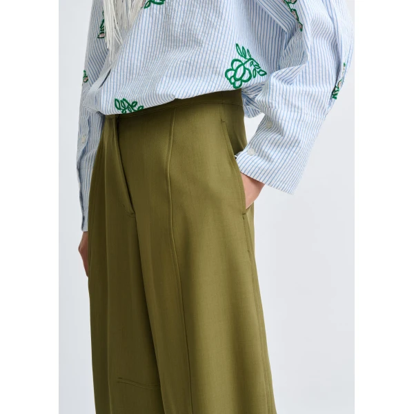 Essentiel Antwerp Olive green barrel-leg pants with twisted side seams - Essentiel Antwerp Pants - Colorful Belgian Design - Shop at Luxury Shoes 