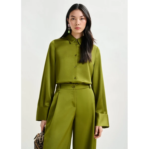 Essentiel Antwerp Olive green oversized satin shirt with button placket - Essentiel Antwerp Shirts - Colorful Belgian Design - Shop at Luxury Shoes 