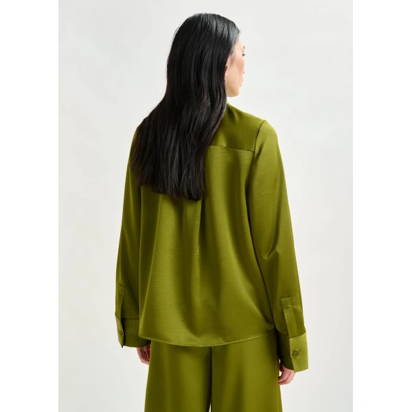 Essentiel Antwerp Olive green oversized satin shirt with button placket - Essentiel Antwerp Shirts - Colorful Belgian Design - Shop at Luxury Shoes 