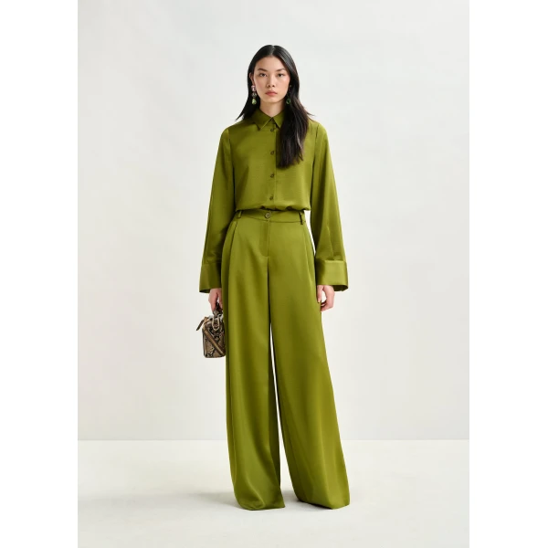 Essentiel Antwerp Olive green oversized satin shirt with button placket - Essentiel Antwerp Shirts - Colorful Belgian Design - Shop at Luxury Shoes 