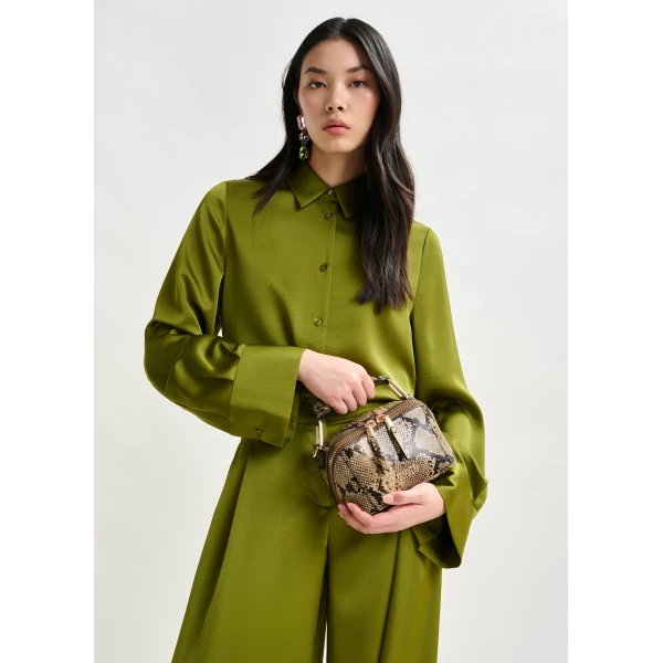 Essentiel Antwerp Olive green oversized satin shirt with button placket - Essentiel Antwerp Shirts - Colorful Belgian Design - Shop at Luxury Shoes 