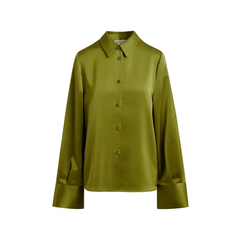 Essentiel Antwerp Olive green oversized satin shirt with button placket - Essentiel Antwerp Shirts - Colorful Belgian Design - Shop at Luxury Shoes 