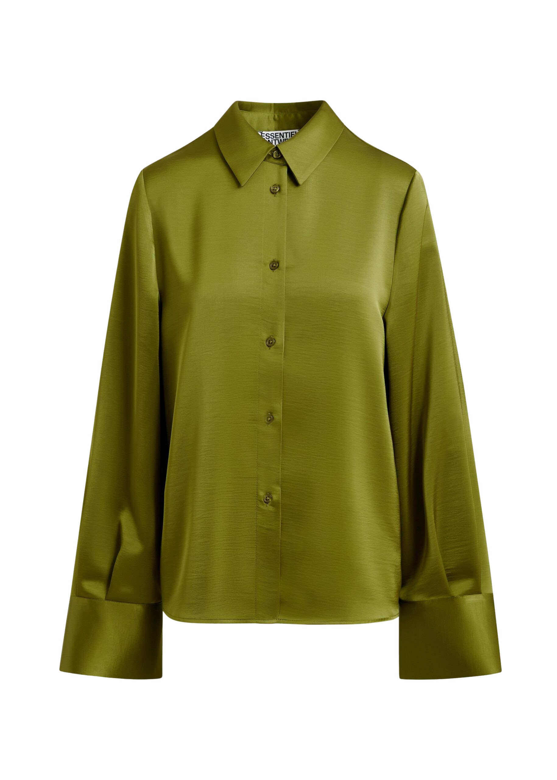 Essentiel Antwerp Olive green oversized satin shirt with button placket