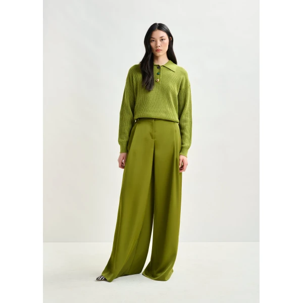 Essentiel Antwerp Olive green wide-leg satin pants - Essentiel Antwerp Pants - Colorful Belgian Design - Shop at Luxury Shoes 