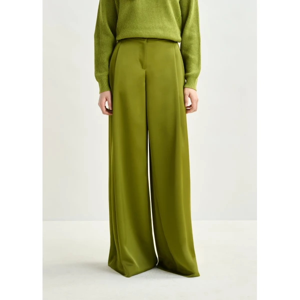 Essentiel Antwerp Olive green wide-leg satin pants - Essentiel Antwerp Pants - Colorful Belgian Design - Shop at Luxury Shoes 