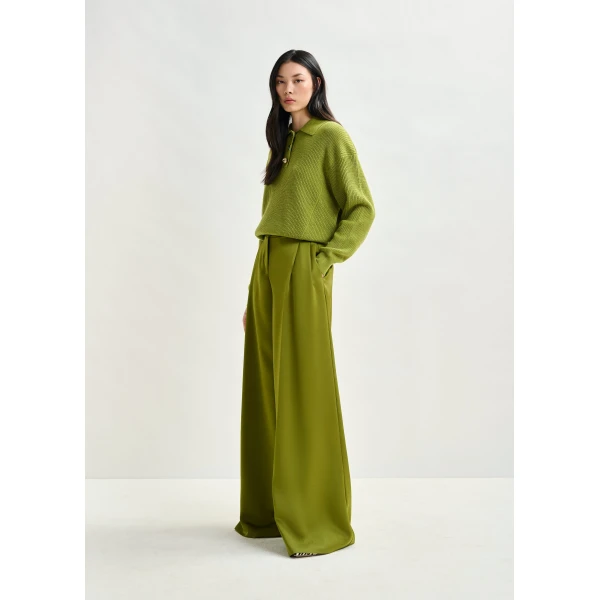 Essentiel Antwerp Olive green wide-leg satin pants - Essentiel Antwerp Pants - Colorful Belgian Design - Shop at Luxury Shoes 
