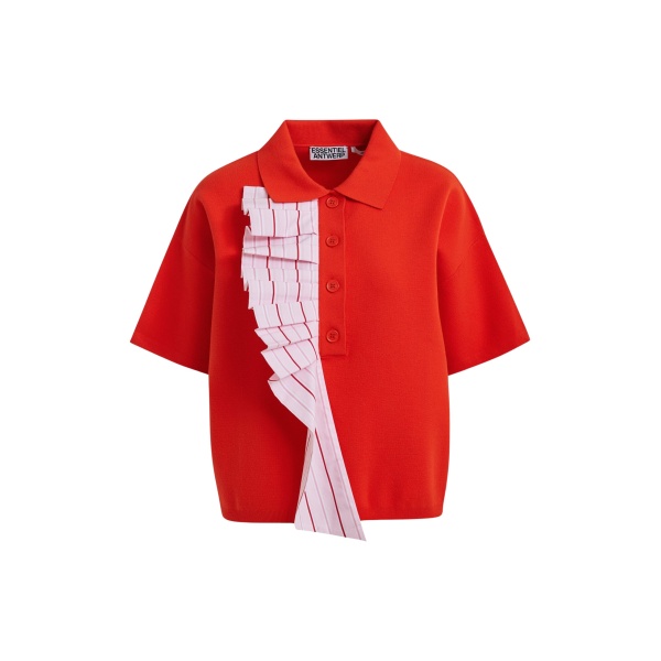 Essentiel Antwerp Orange and light pink ruffle fine-knit polo top - Essentiel Antwerp Tops - Colorful Belgian Design - Shop at Luxury Shoes 