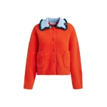 Essentiel Antwerp Orange cardigan with contrasting light blue and dark green ruffle collar - Essentiel Antwerp Knitwear - Colorful Belgian Design - Shop at Luxury Shoes 